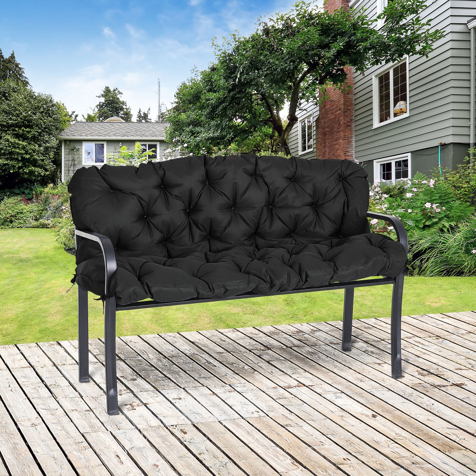 3 Seater Garden Bench Cushion Outdoor Seat Pad With Ties | Black