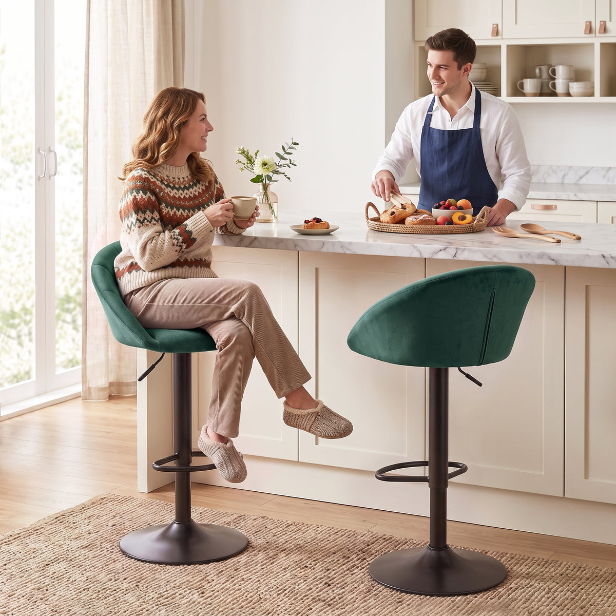 Bar Stools Set Of 2 Velvet Adjustable Swivel | Dark Green