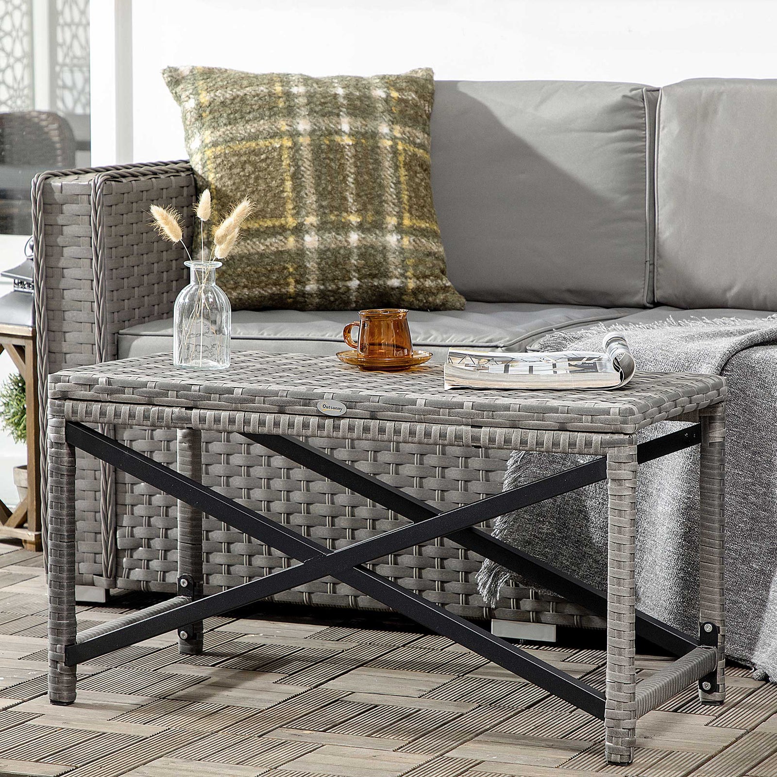 Pe Wicker Coffee Table With Woven Top, Plastic Board