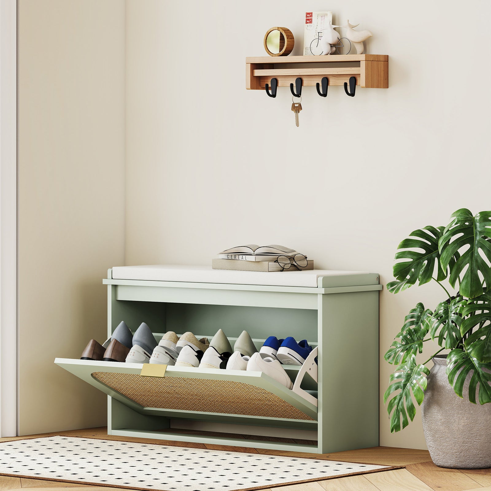 Boho Shoe Bench With Padded Seat And Flip-drawer | Light Green