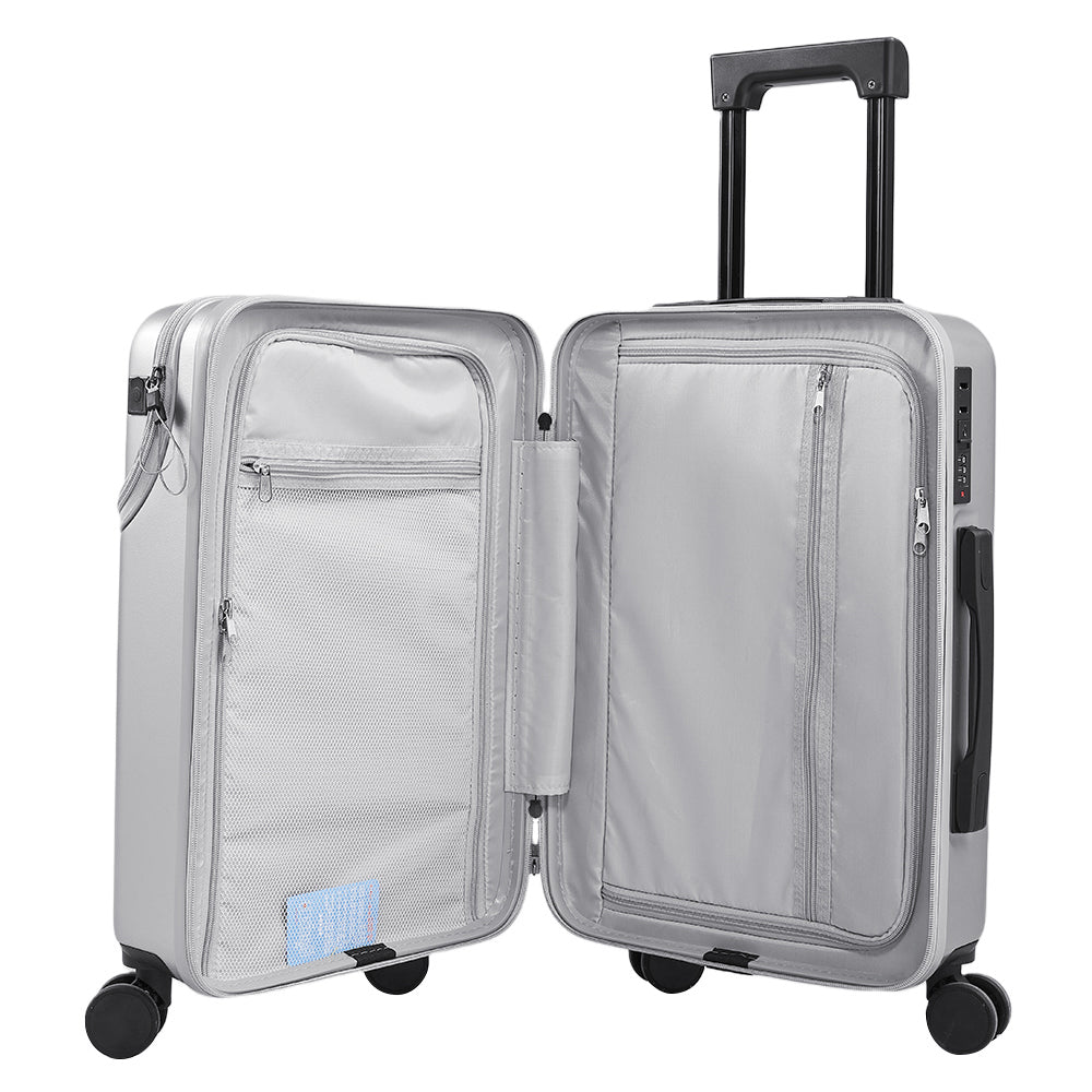 20 Inch Front Opening Suitcase With Tsa Lock And Usb Charging Port | Silver