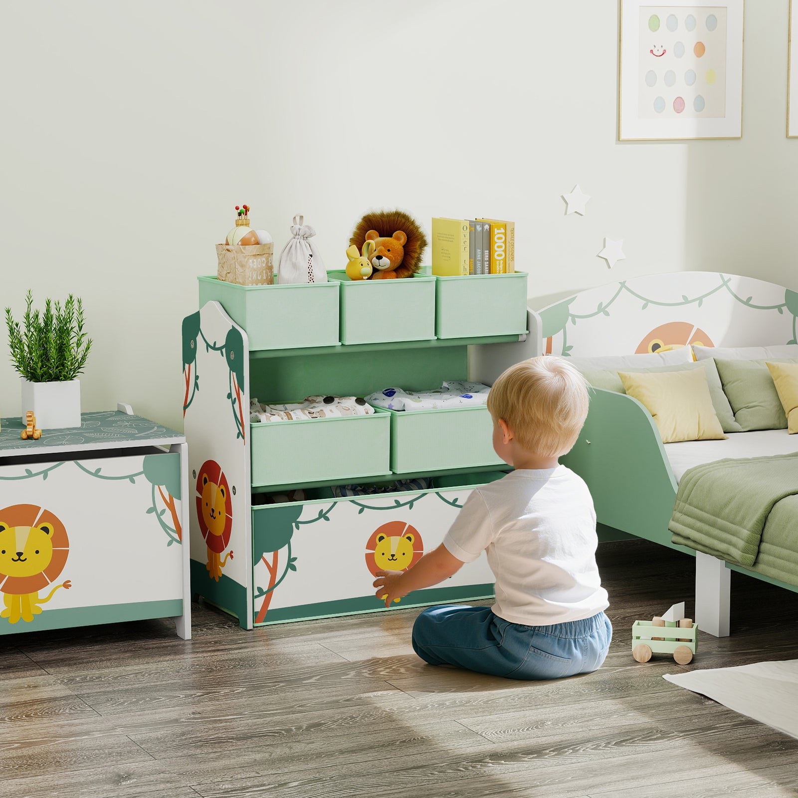 3-tier Kids Storage Shelf With 6 Removable Fabric Boxes | Green