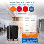 56x45x25cm Large Cabin Carry On Case - Overhead Luggage Suitcase - 4 Spinner Wheels - Abs Shell | 56 x 45 x 25cm | Black & Brown