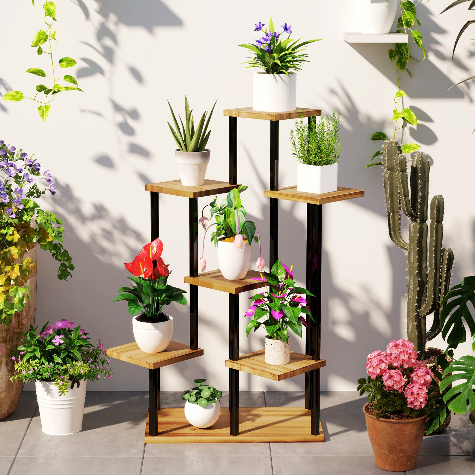 7 Tier Plant Stand, Tall Steel Wood Plant Shelf