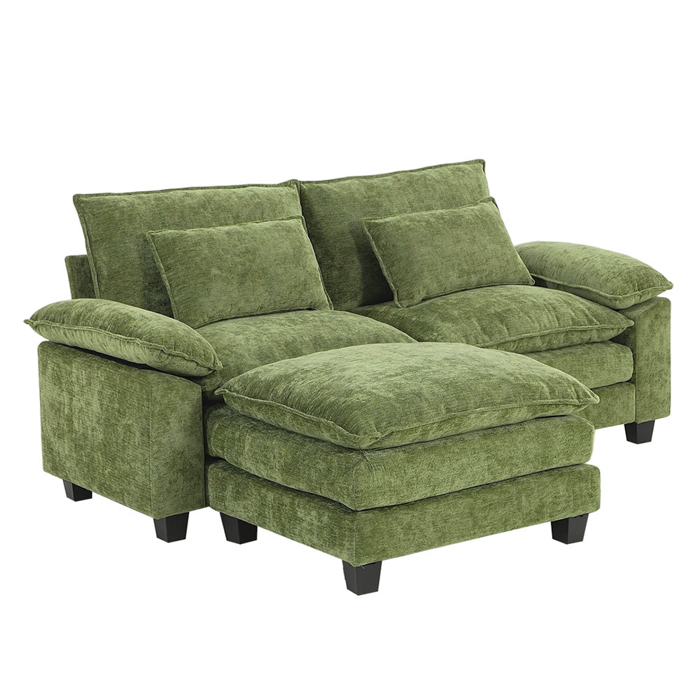 Chenille Sectional Sofa With Ottoman And Lumbar Pillows | Green