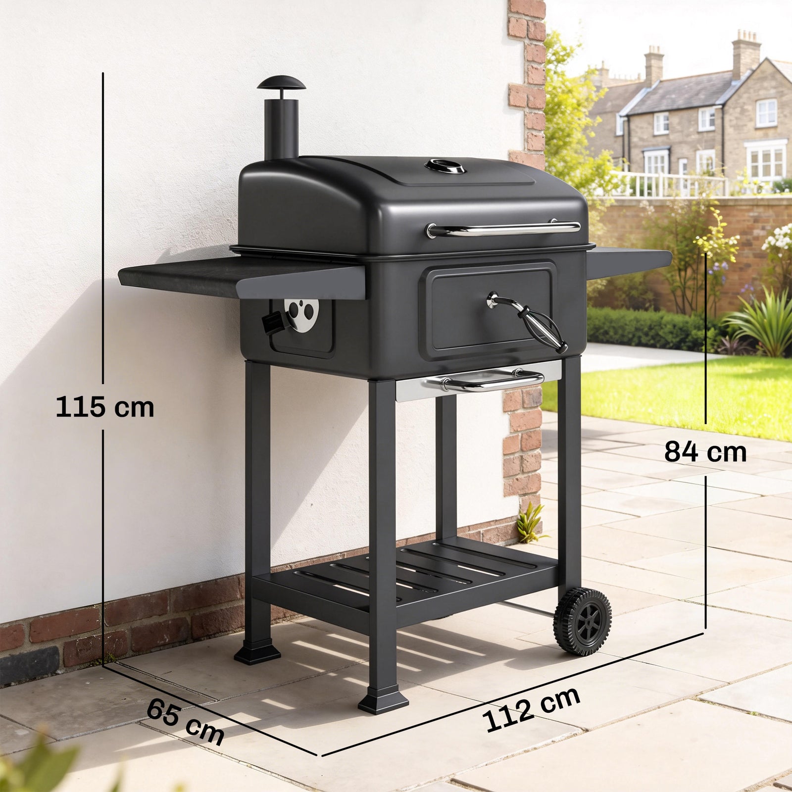 Charcoal Bbq Grill, Large Barbecue Grill Smoker With Wheels, Black