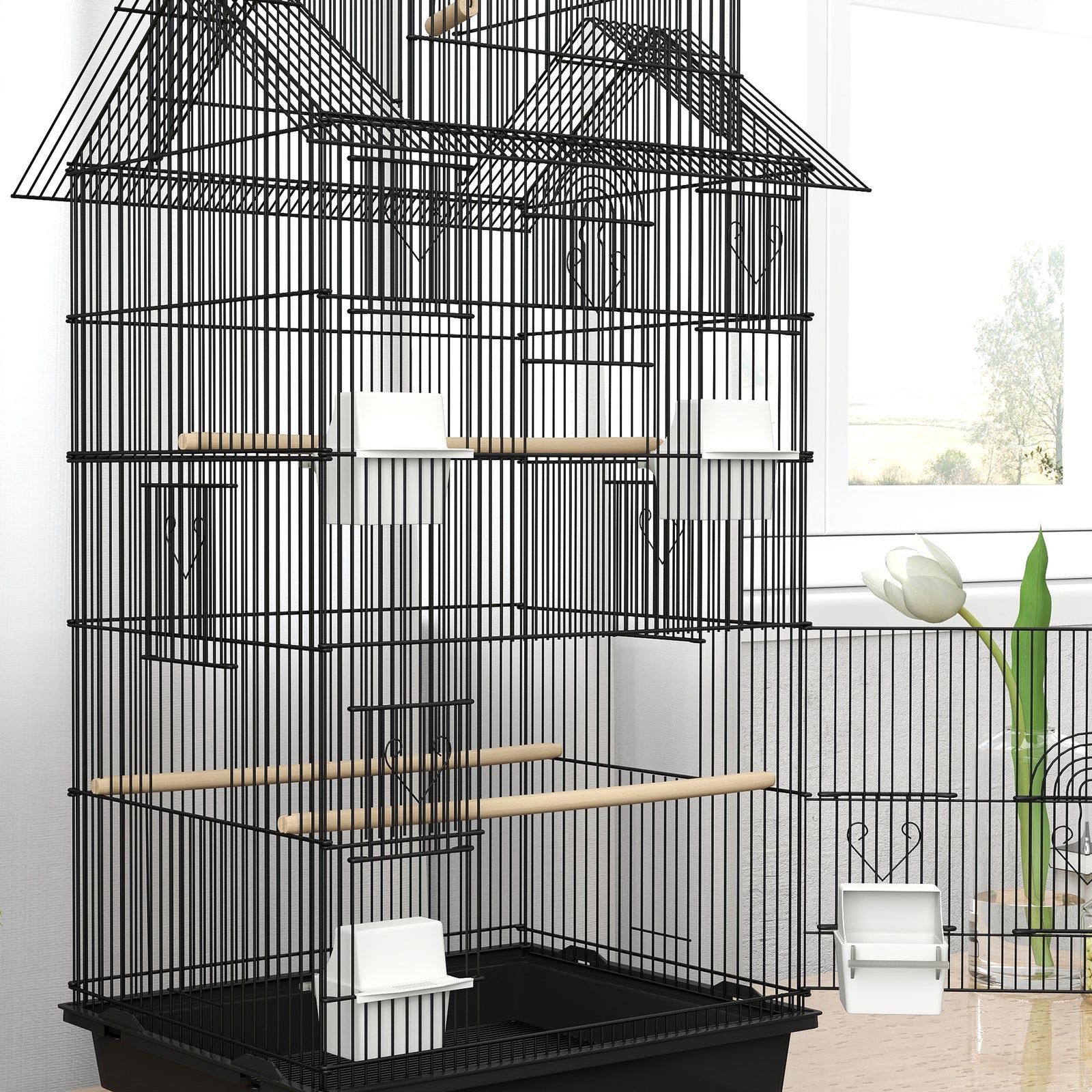 Metal Bird Cage W/ Perch, Food Container, Handle, For Finch, Canary | Large | Black