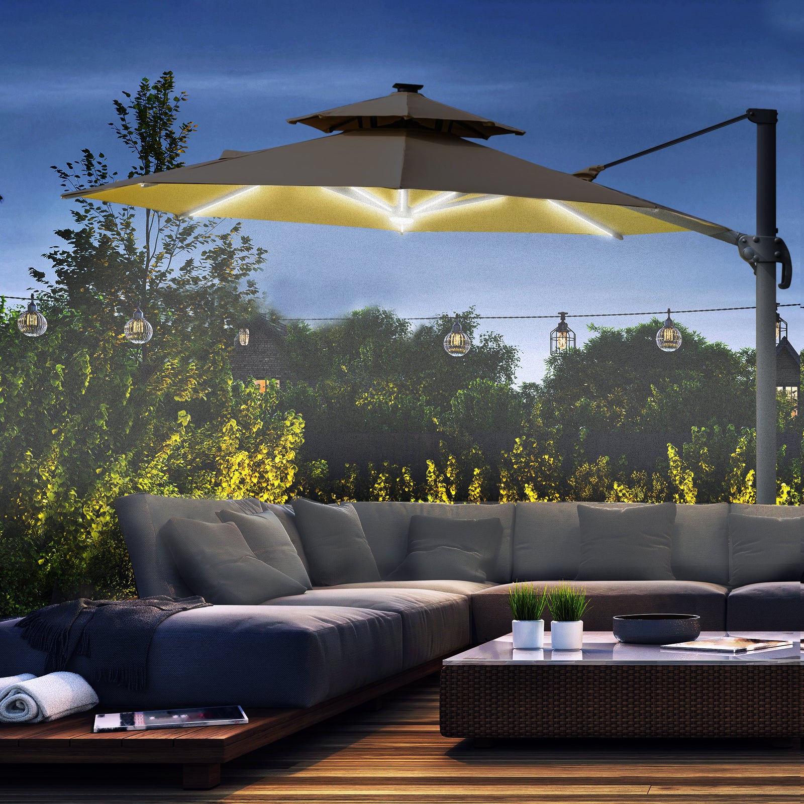3m Cantilever Parasol W/ Solar Lights & 360° Spin | Beige