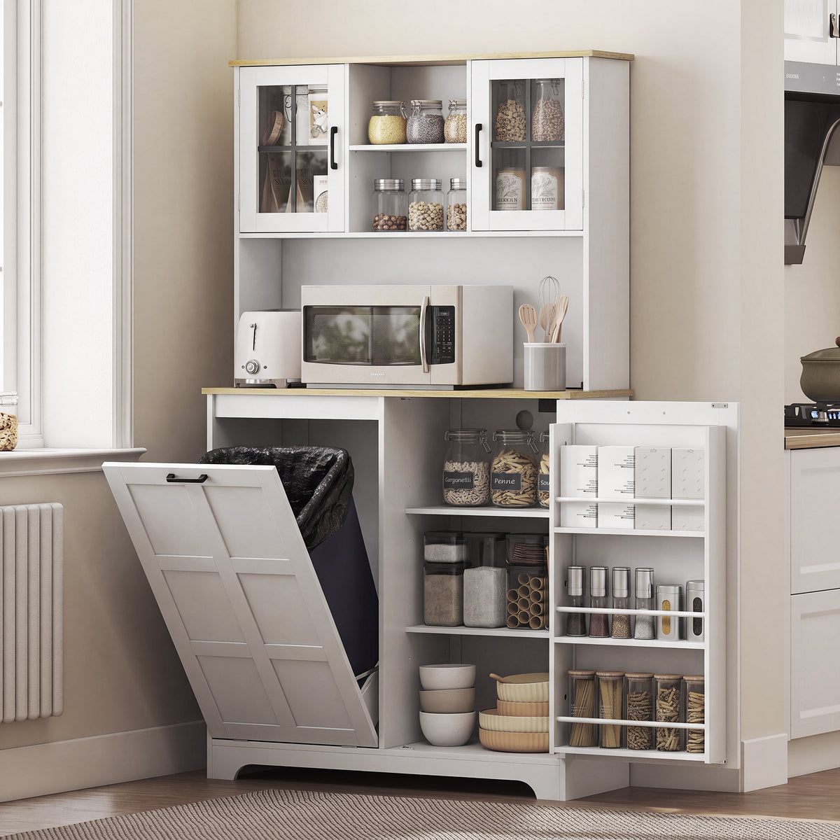 HOMCOM 175cm Tall Kitchen Cabinet With Rubbish Bin, White