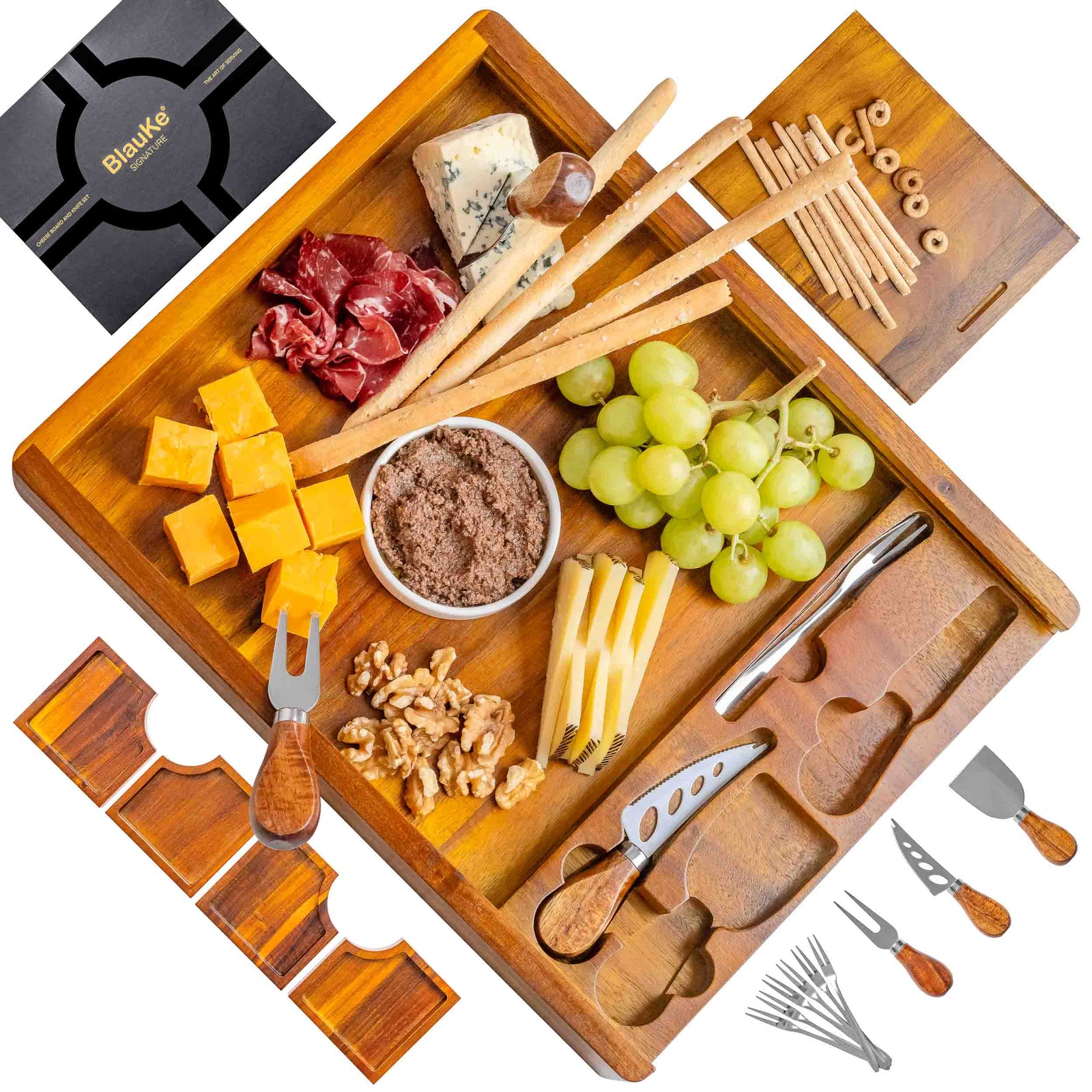BlauKe Wooden Cheese Board Set - Wooden Serving Board/tray Made Of Acacia - Includes Serving Platters And Cheese Tools