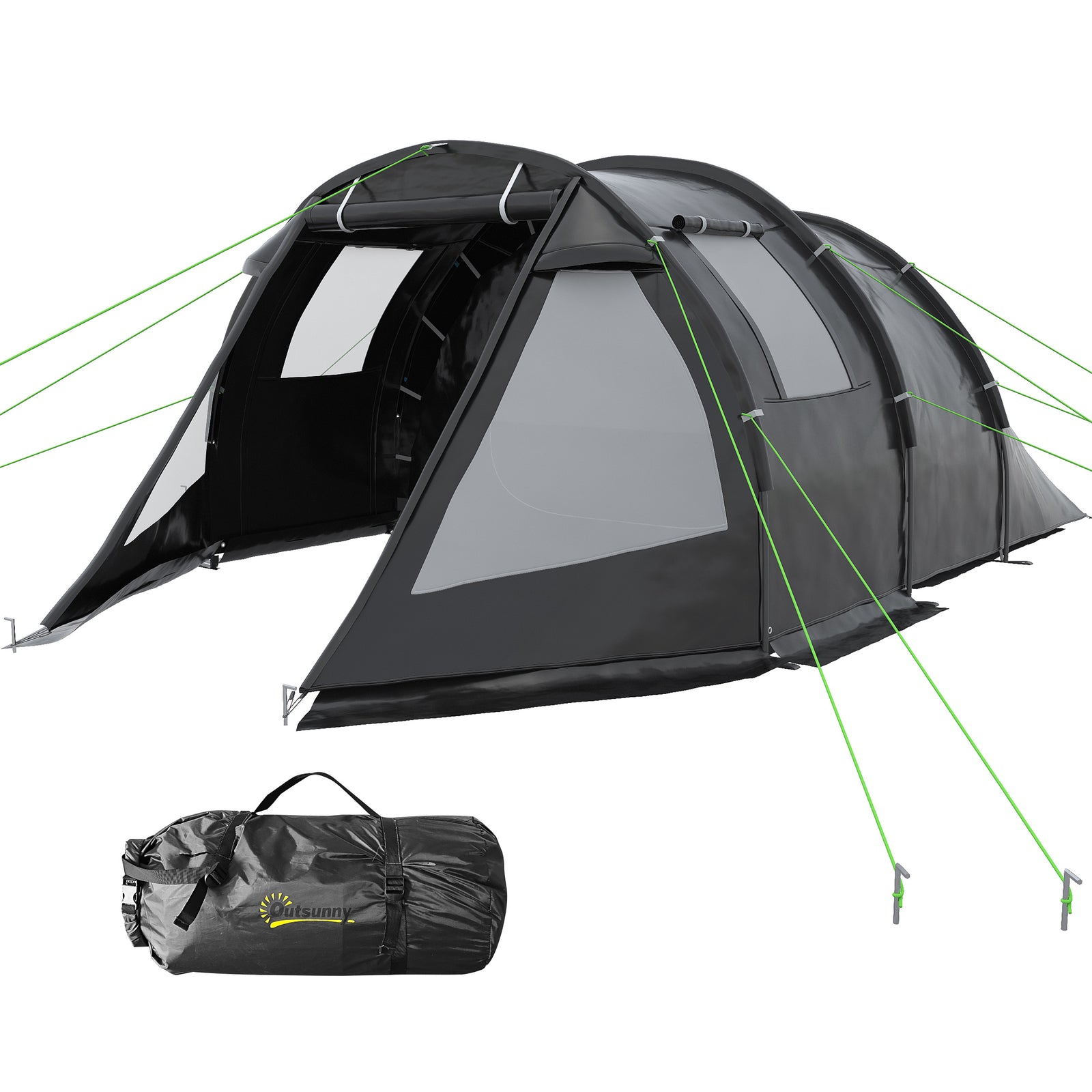 3-4 Persons Tunnel Tent, Two Room Camping Tent W/ Windows | Black