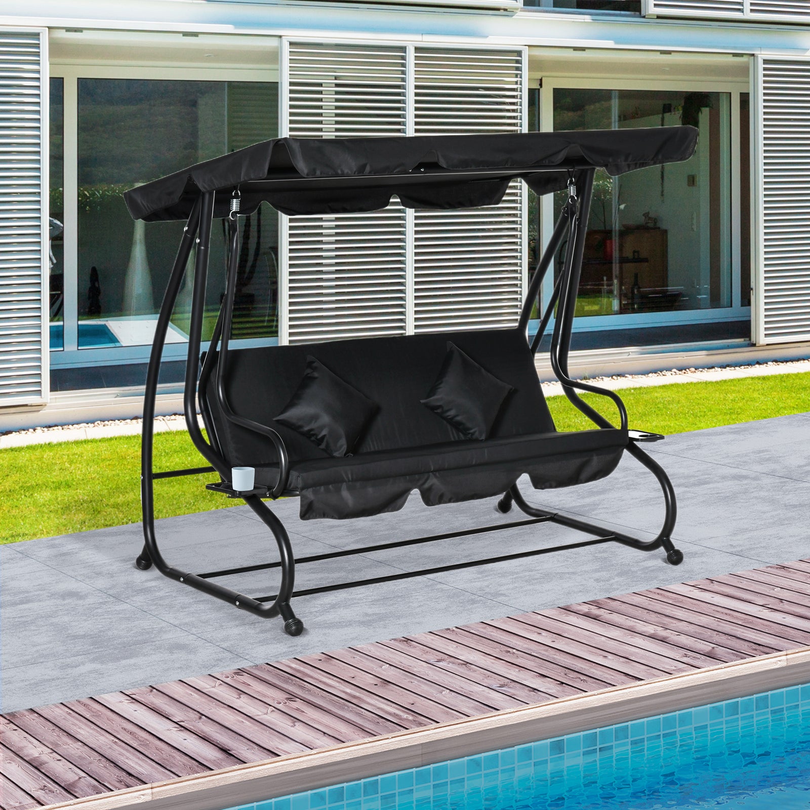 2-in-1 Garden Swing Chair For 3 Person W/ Adjustable Canopy | Black