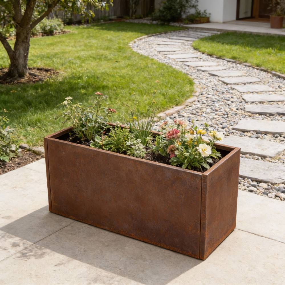 80/100cm W X 40cm D X 80cm H Rust Steel Flowerpot Outdoor Garden Weathering Metal Planter Box, Steel Planter With Drainage Hole | Small