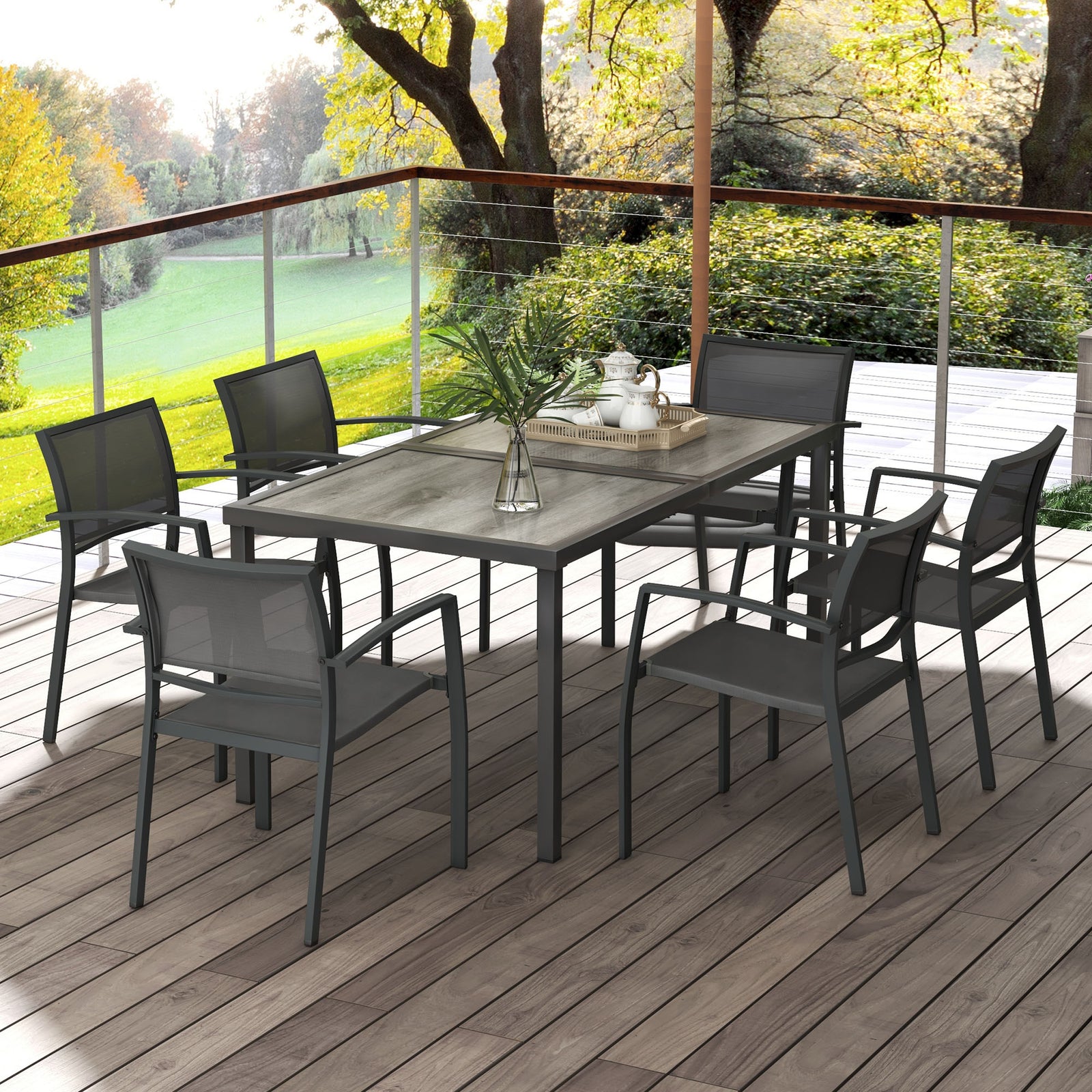 7 Pieces Patio Dining Set W/ 6 Stackable Chairs For Poolside