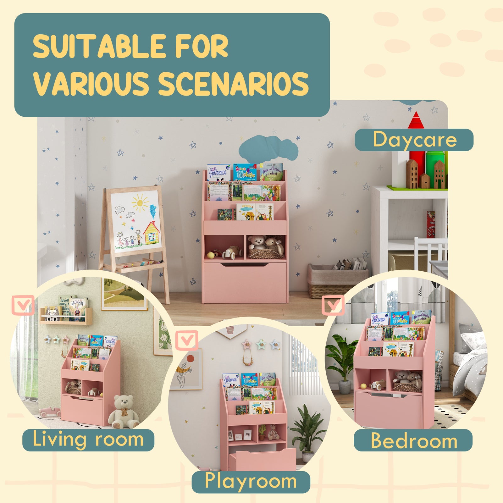 Kids Bookshelf, Toy Box W/ Storage Drawer, Wheels, For Bedroom | Pink