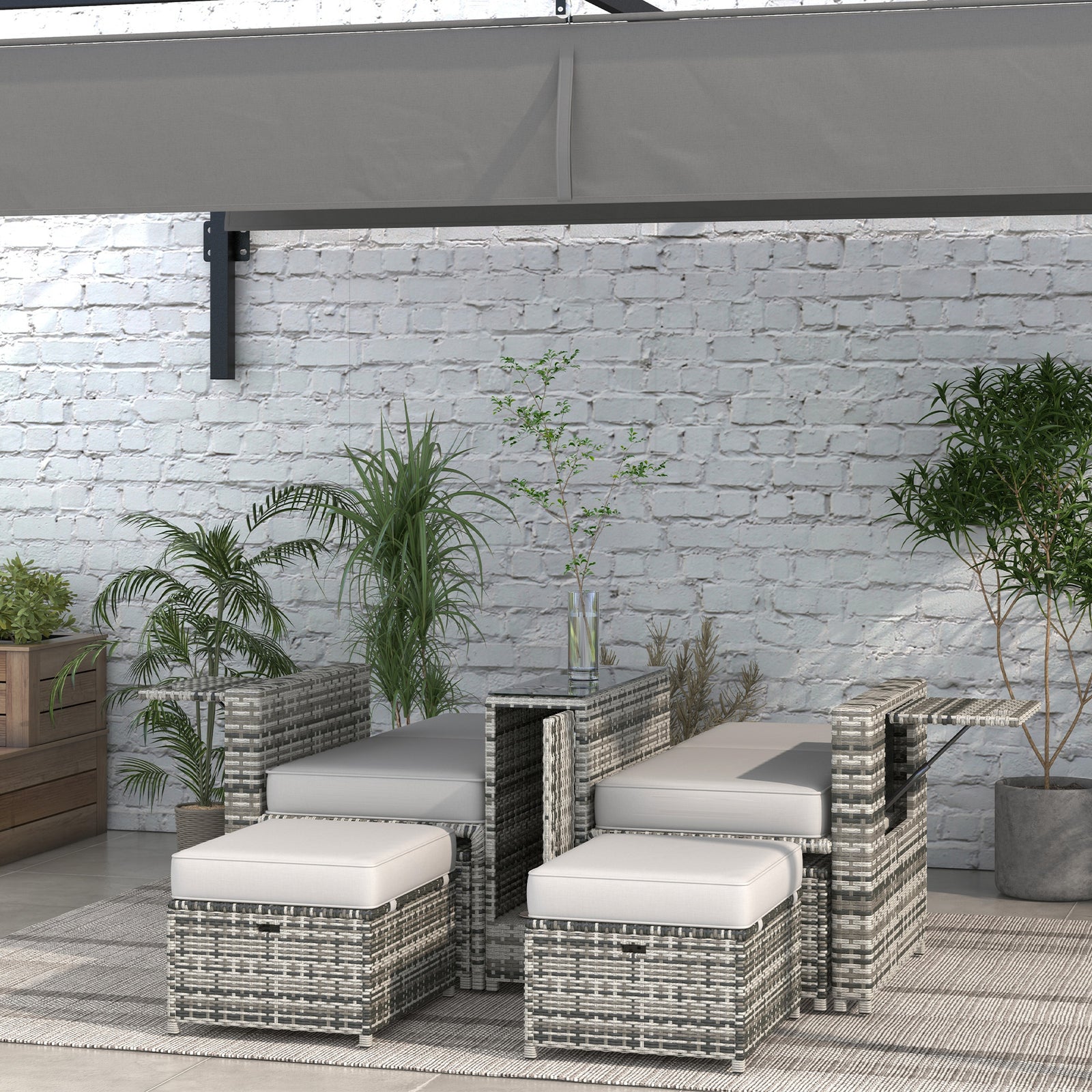 5-level Rattan Sun Lounger W/ Tea Table & Footstools