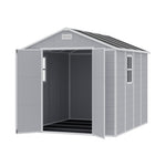 Outdoor Plastic Tool Shed With Apex Roof & Floor, Double Doors, Ventilation & Window, Lockable Backyard Storage House | 8x8ft | Grey
