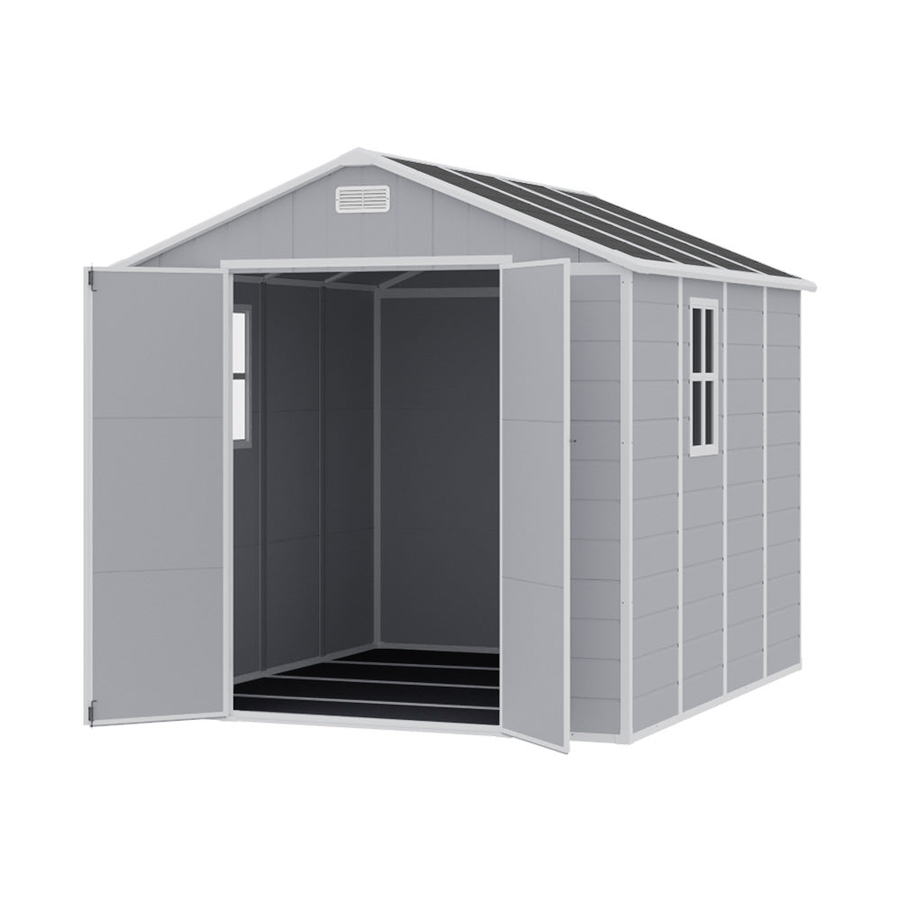 Outdoor Plastic Tool Shed With Apex Roof & Floor, Double Doors, Ventilation & Window, Lockable Backyard Storage House | 8x8ft | Grey