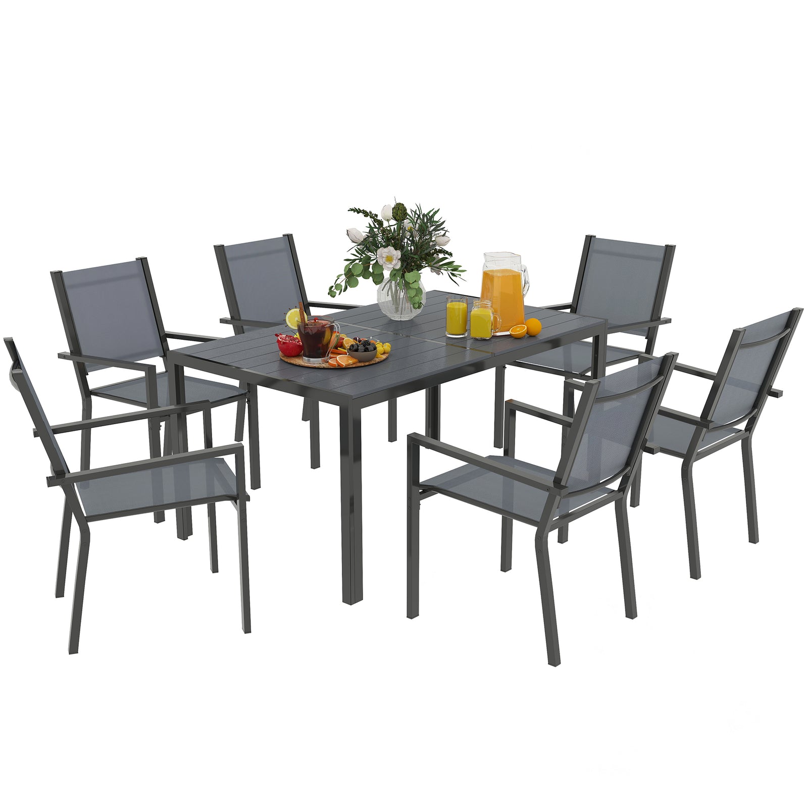 7-piece Wpc Dining Set, 6 Stackable Chairs, Rectangle