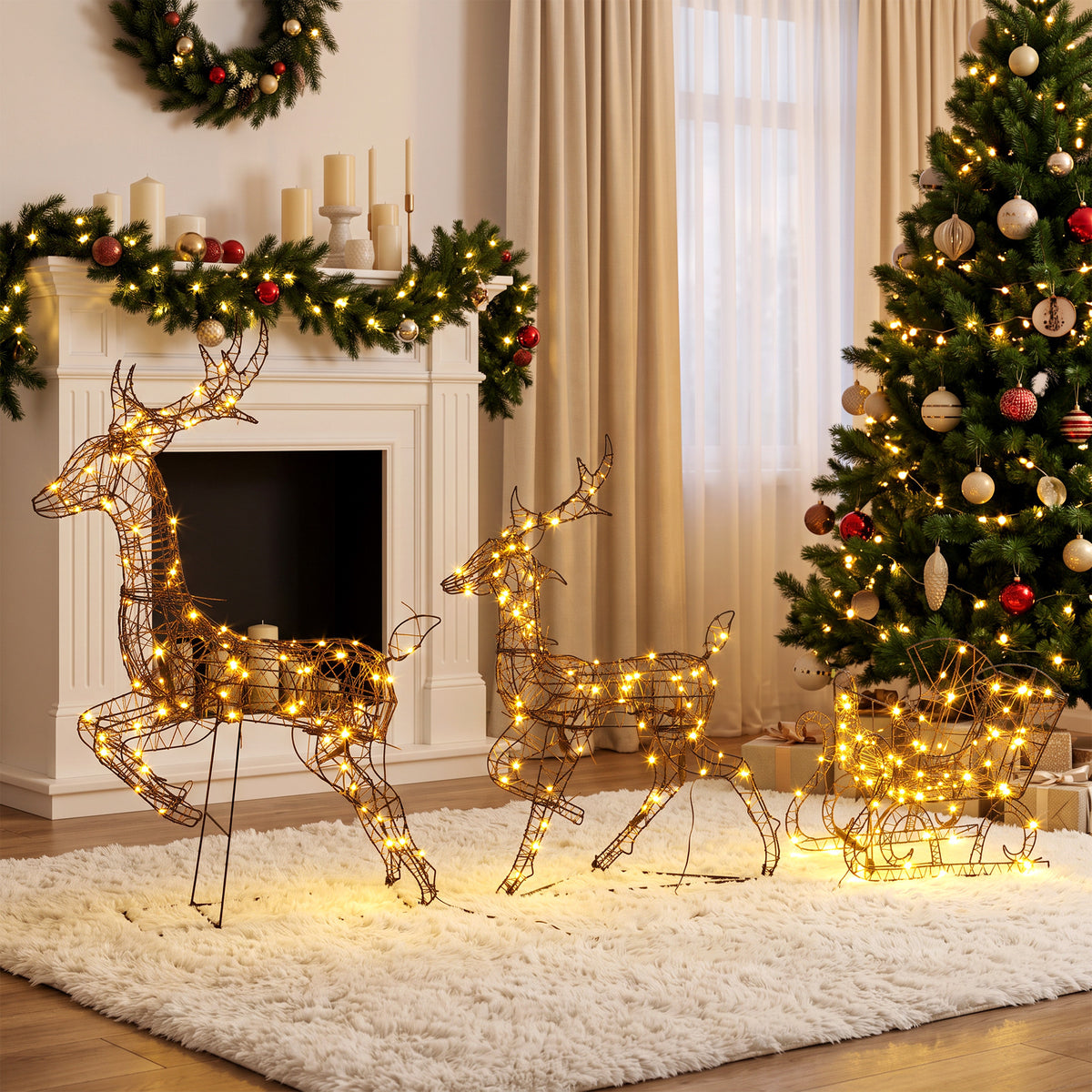 Outsunny 3-piece Christmas Lighted Reindeer And Sleigh Set For Outdoor