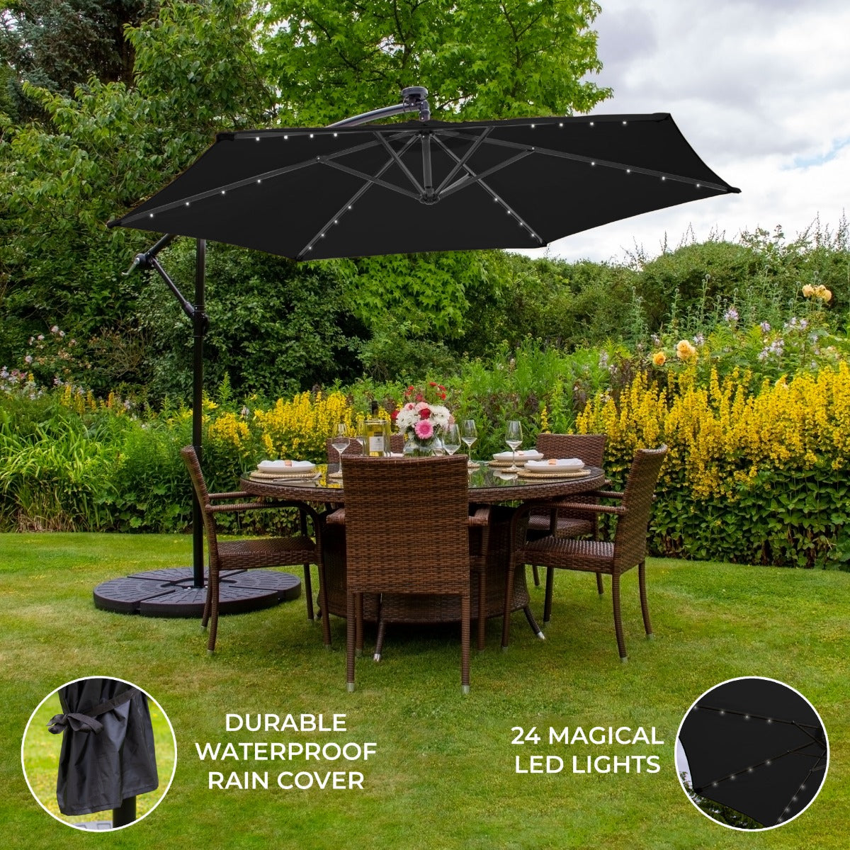 3m Led Cantilever Parasol With Fan Base | Black