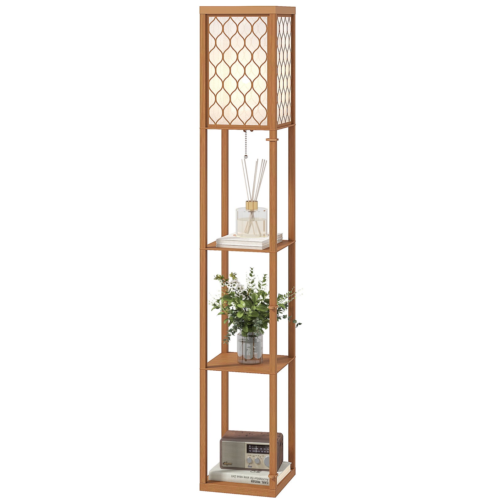 Modern Floor Lamp Light With 3 Shelves Fabric Lampshade | Natural