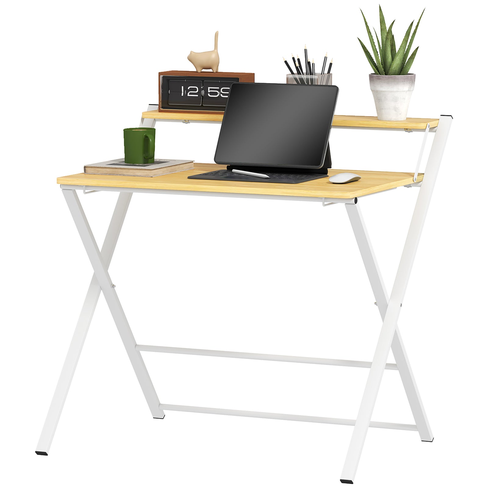 Folding Desk With 2-tier Shelf Home Office Maple Wood-effect