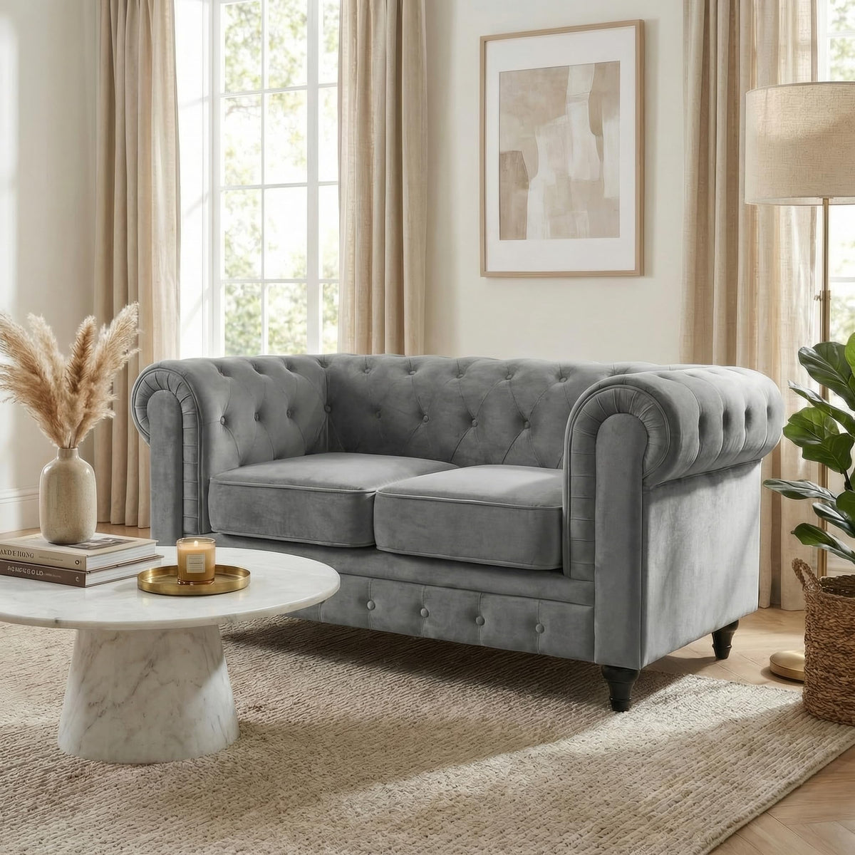 Chesterfield Scroll Arm Velvet Sofa 2 Seater | Grey