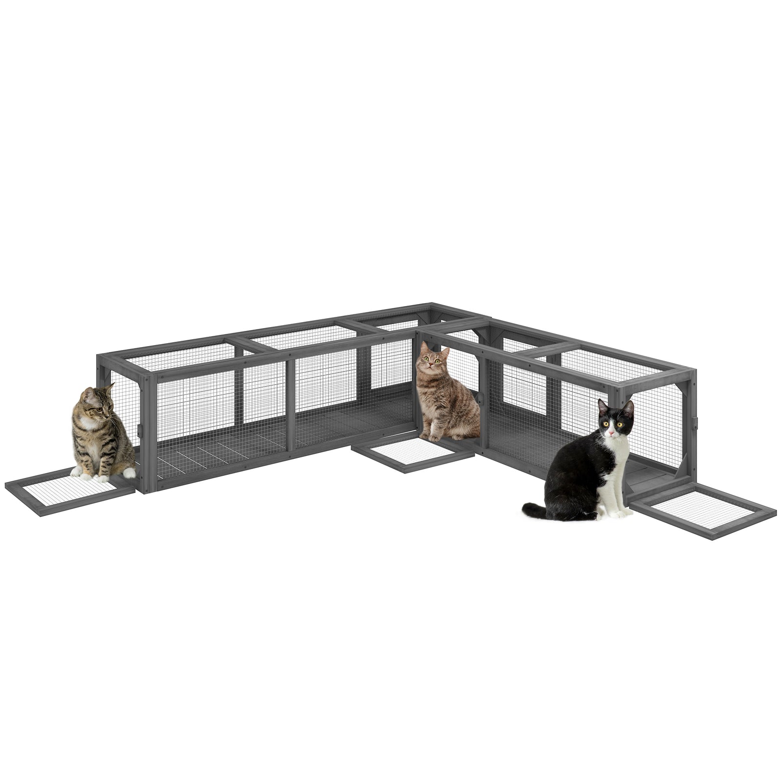 Cat Tunnel, 250cm Extra Long Wooden Cat Play Tunnel With 8 Doors Grey