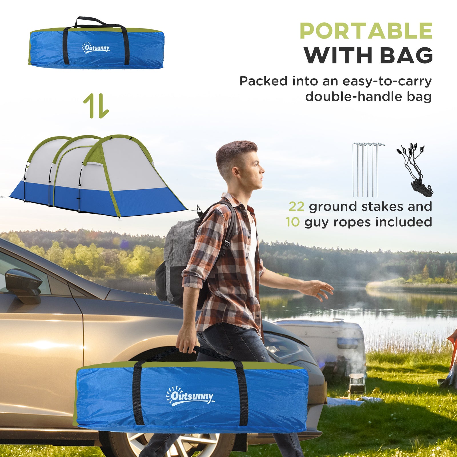 2-3 Man Camping Tunnel Tent With Bedroom And Living Room | Green