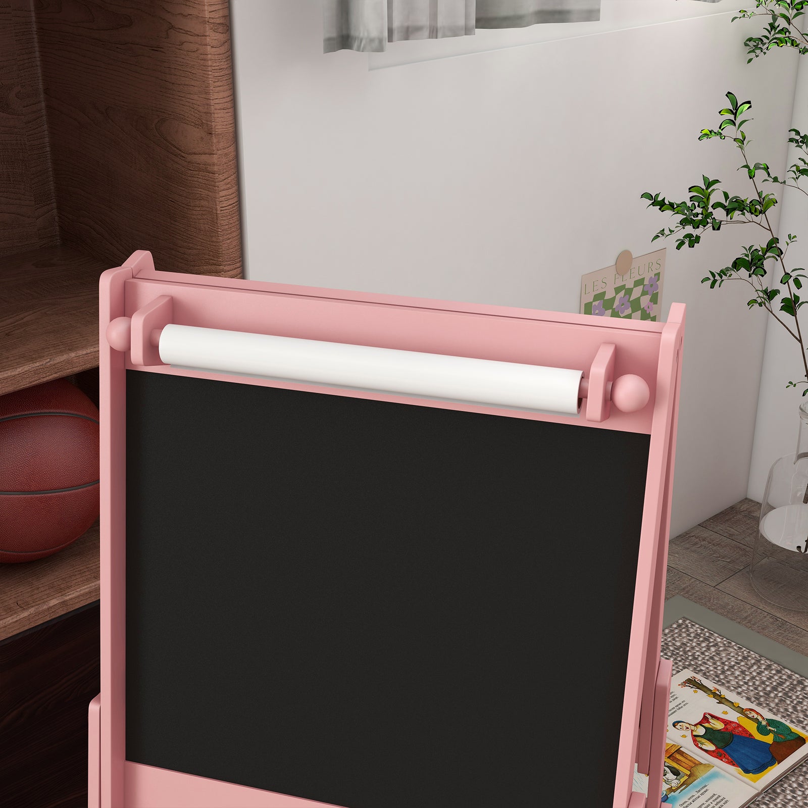 Kids Easel With Paper Roll, Blackboard, Whiteboard, Storage | Pink