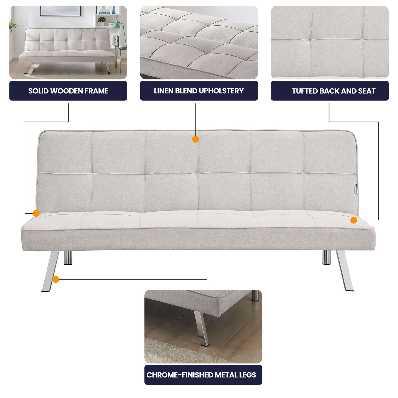 Click Clack Linen Blend Sofa Bed - 3 Seater | Cream