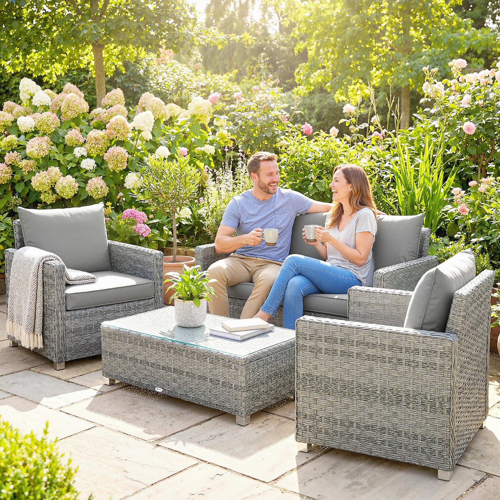 4 Seater Rattan Garden Furniture Set With Cushions, Grey