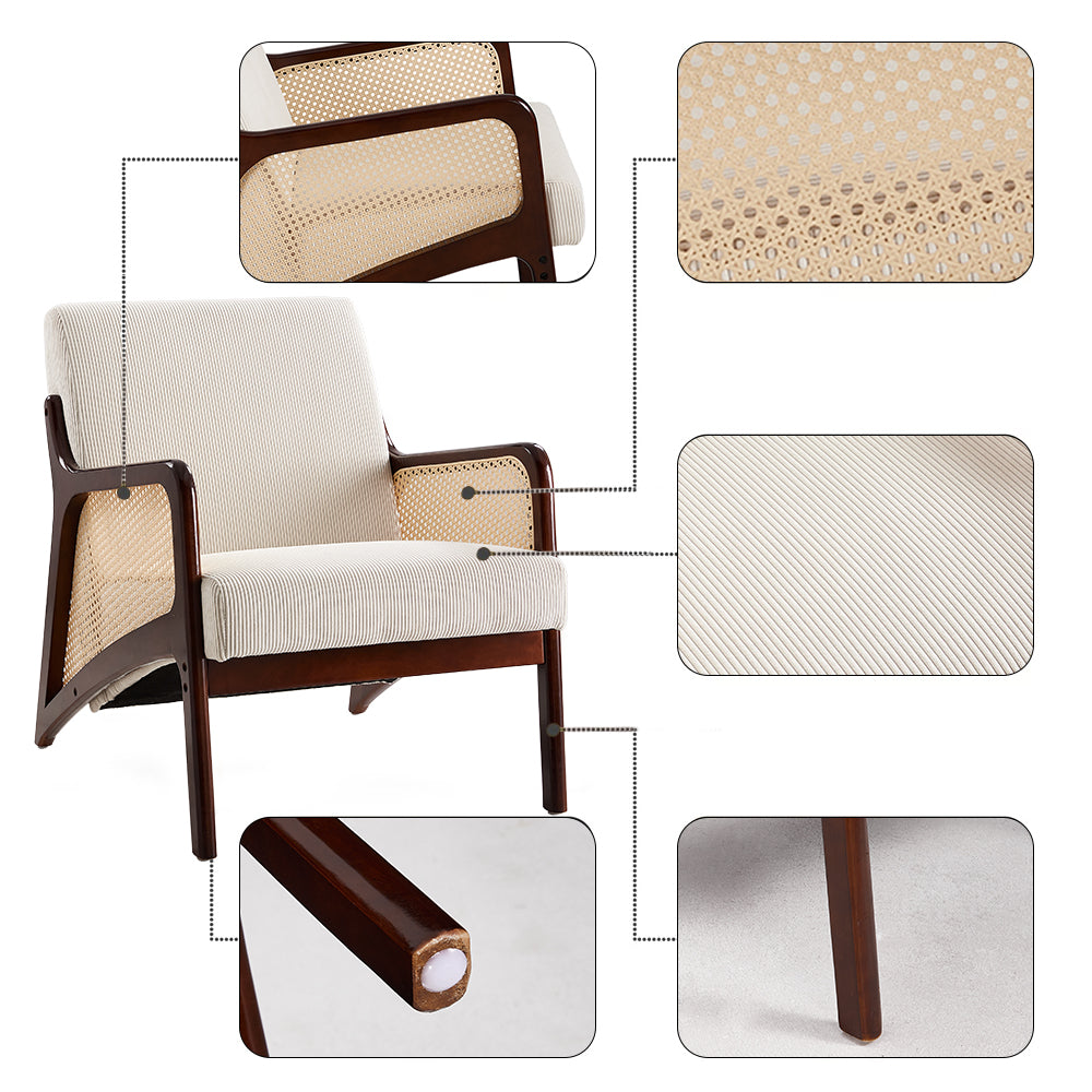 Corduroy Armchair With Rattan-weave Side Panels – Accent Chair With Rubberwood Legs | Beige