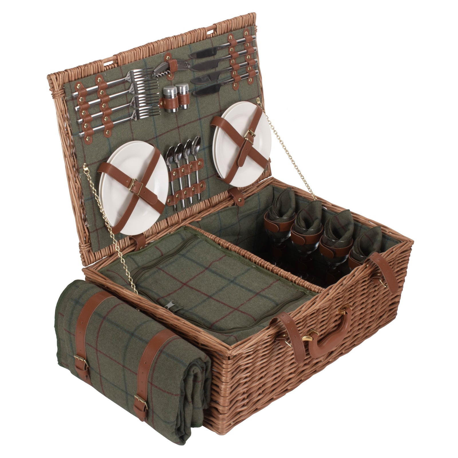 4 Person Green Tweed Fitted Picnic Wicker Basket