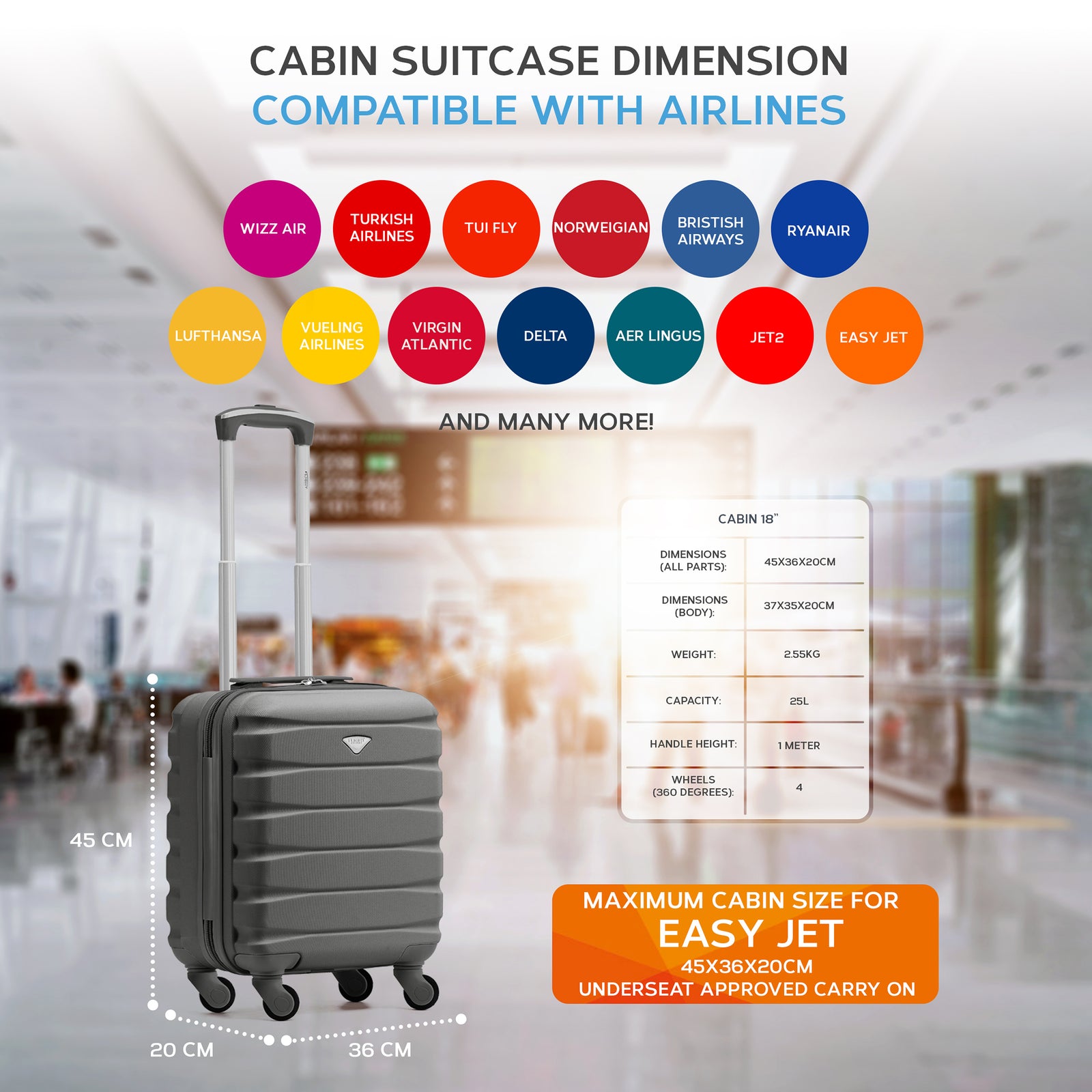 45x36x20cm Lightweight Underseat Cabin Carry On Suitcase - 100+ Airline Approved - Hard Shell Luggage - 4 Wheels | 45 x 36 x 20cm | Charcoal