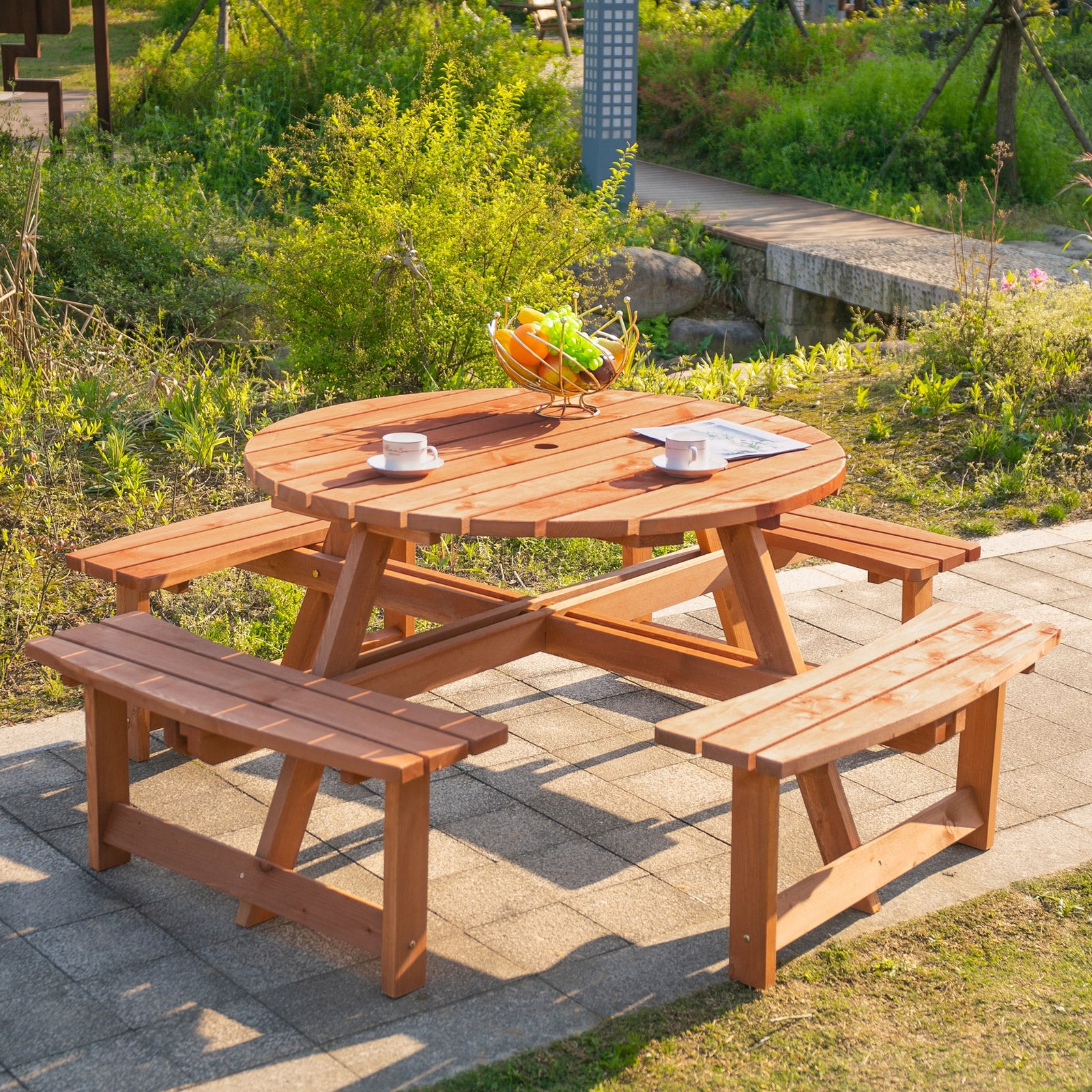 8 Seat Garden Wooden Round Picnic Table Bench