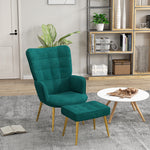 Button Tufted Armchair With Footstool Gold Tone Steel Legs | One Size | Green