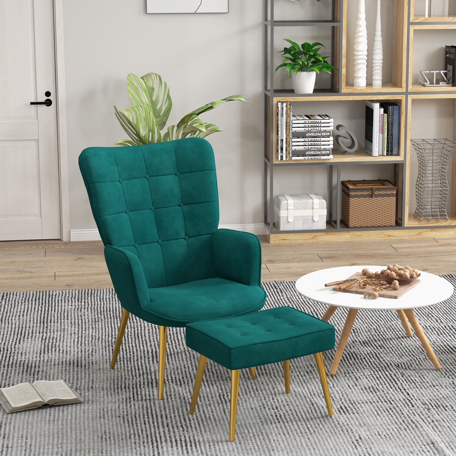 Button Tufted Armchair With Footstool Gold Tone Steel Legs | One Size | Green