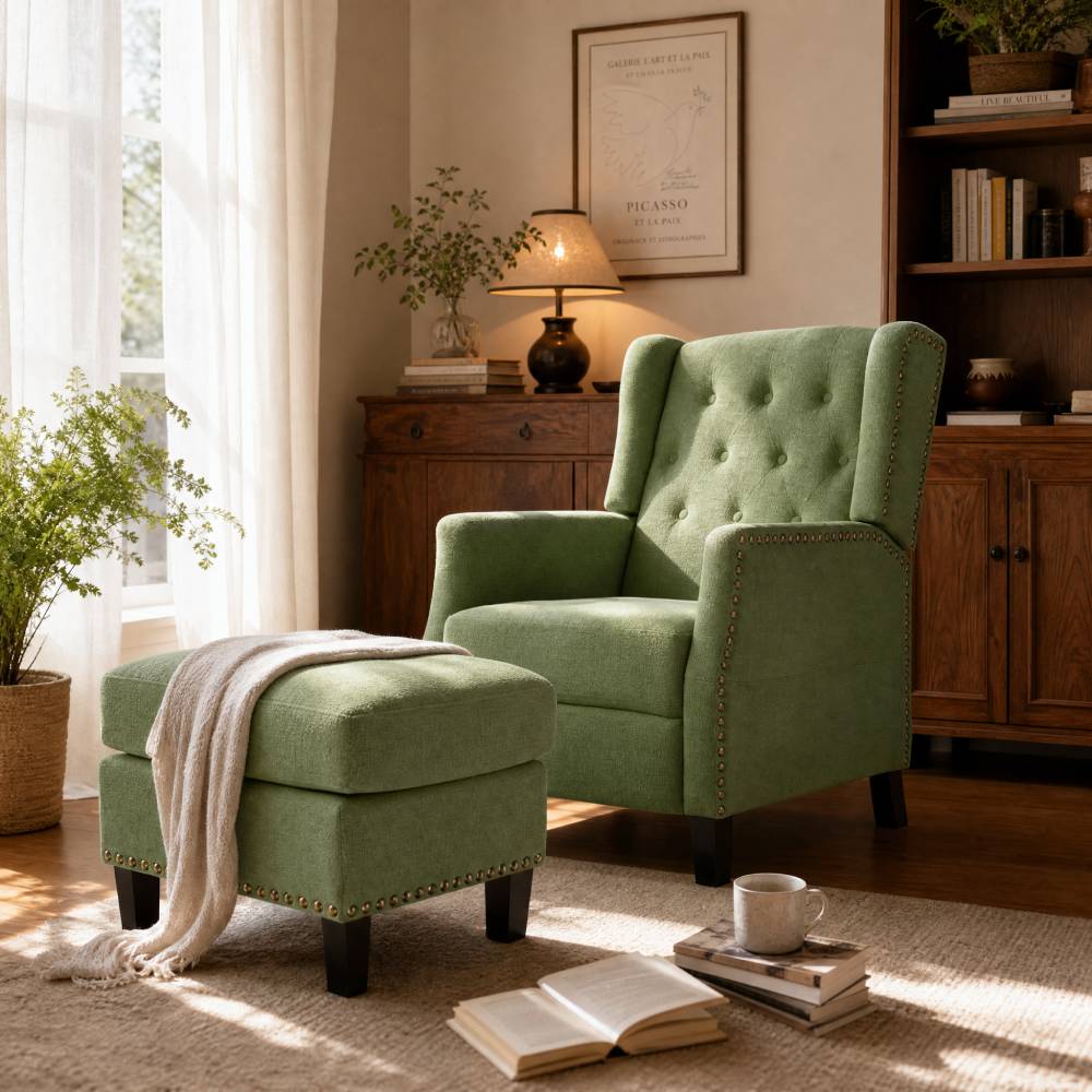 Fabric Upholstered Sofa Pushback Reclining Chair Armchair With Footstool | Green