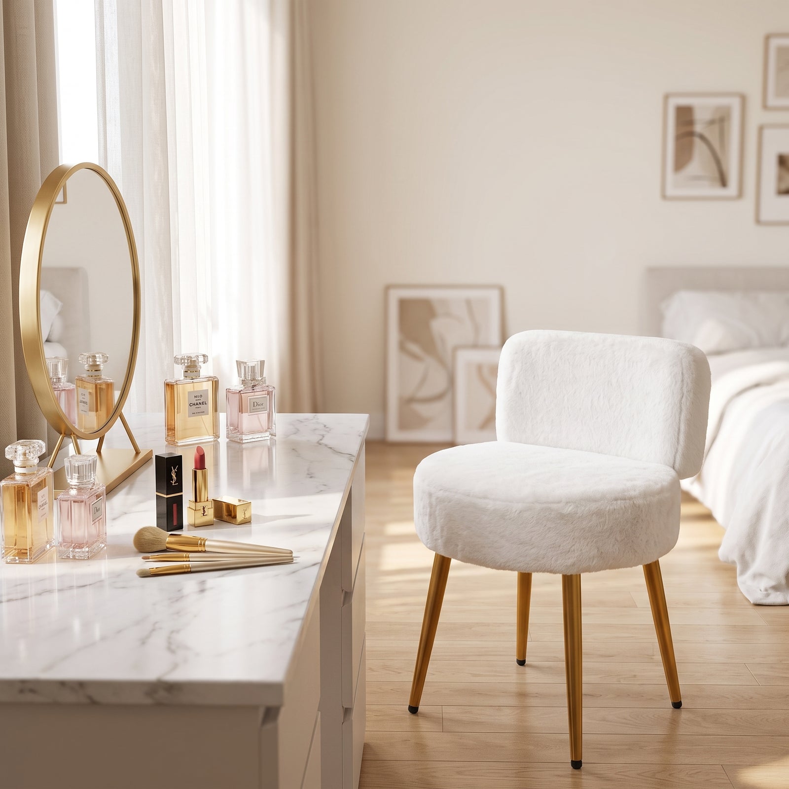 Upholstered Dressing Table Stool With Adjustable Feet | White