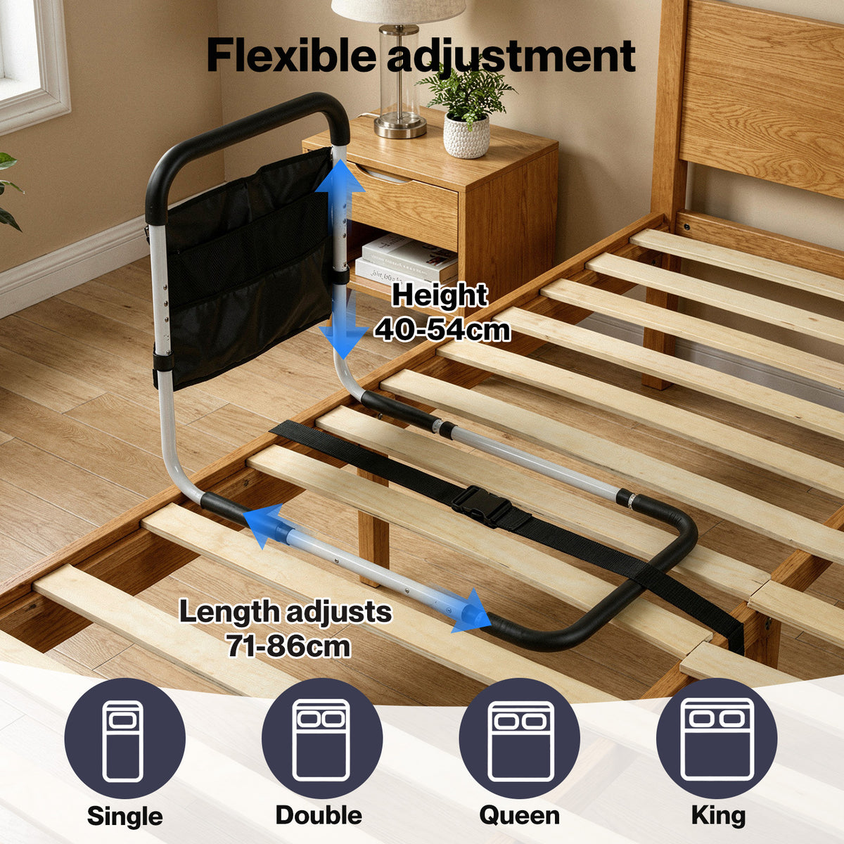 Bed Rails Adjustable Storage Pocket Assist Support Side Railings | White & Black