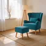 Upholstered Armchair With Footstool – Linen Fabric, Solid Wood Frame,mustard Yellow/ Teal | Teal