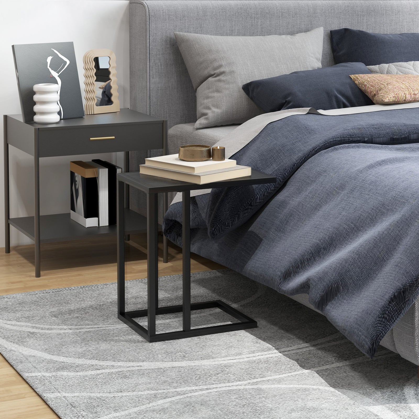 C Shape Side Table W/ Wood-effect Top | Jet Black