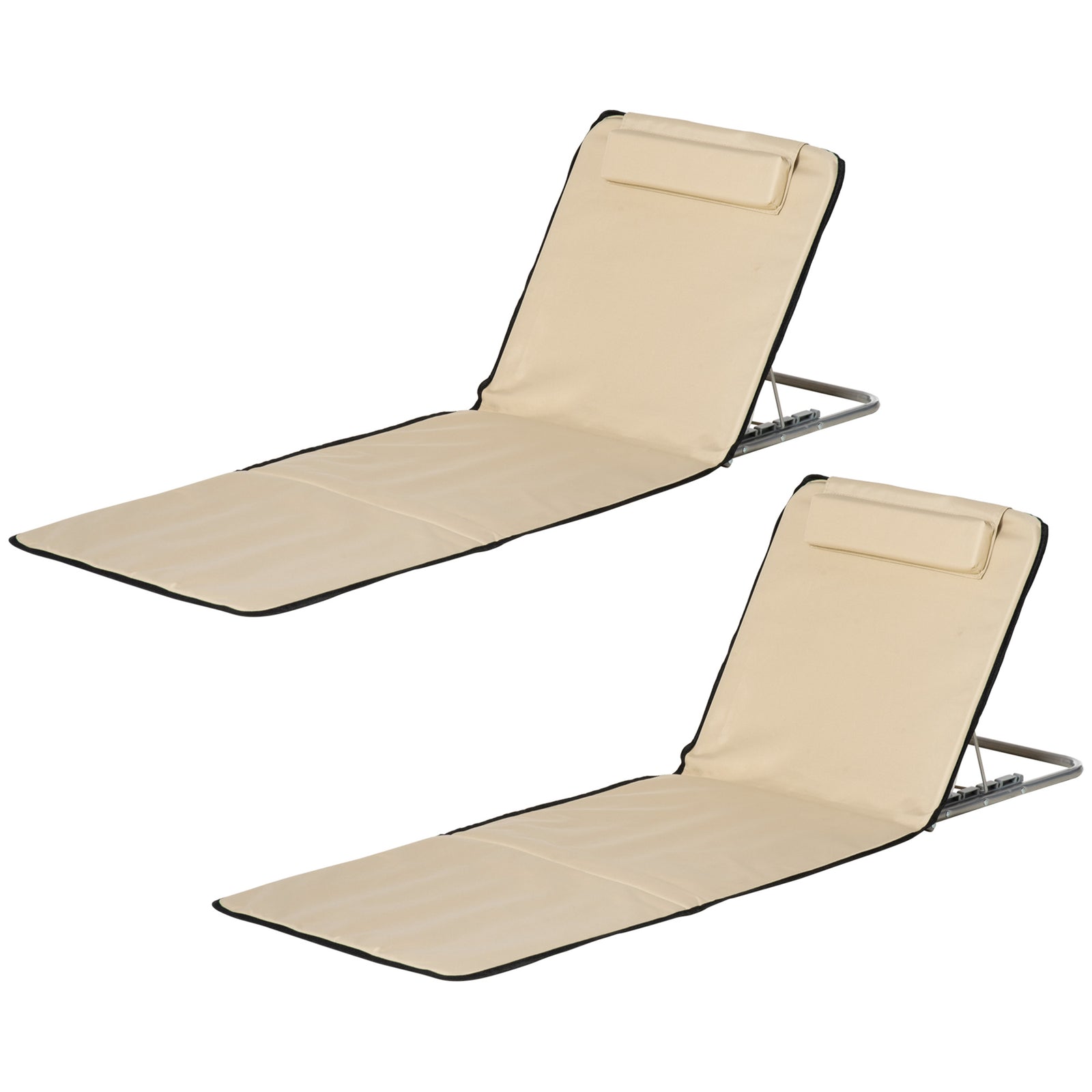 2pc Outdoor Beach Mat Steel Reclining Chair Set W/ Pillow | Beige