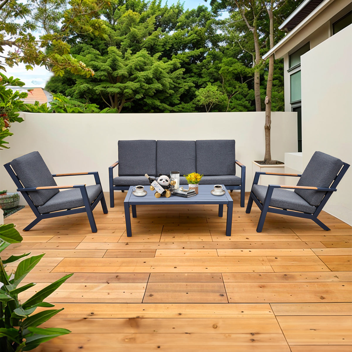 Malibu Aluminium 5 Seat Lounge Set In Grey With Olefin Cushions & Syn-teak Arms | 5 Seat | Grey