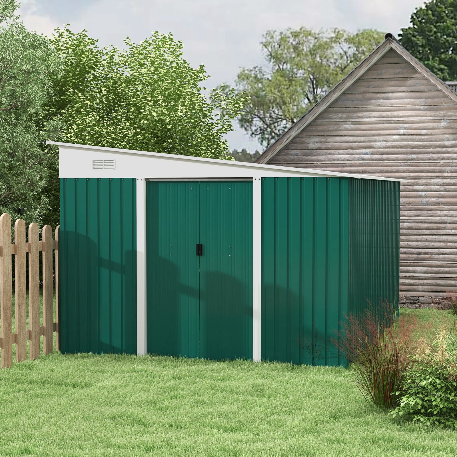 11.3x9.2ft Steel Garden Storage Shed Tool House With Doors | Green