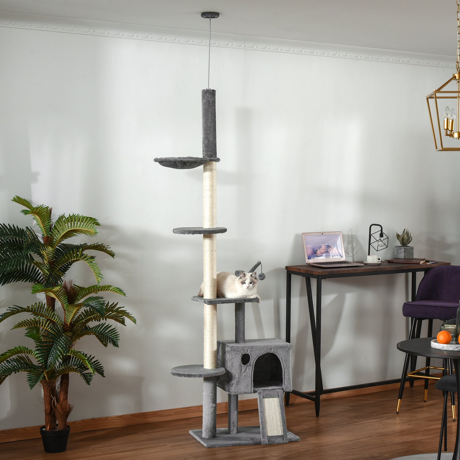 238-270cm Cat Tree Tower Ceiling High W/ Sisal Scratching Post Light Grey