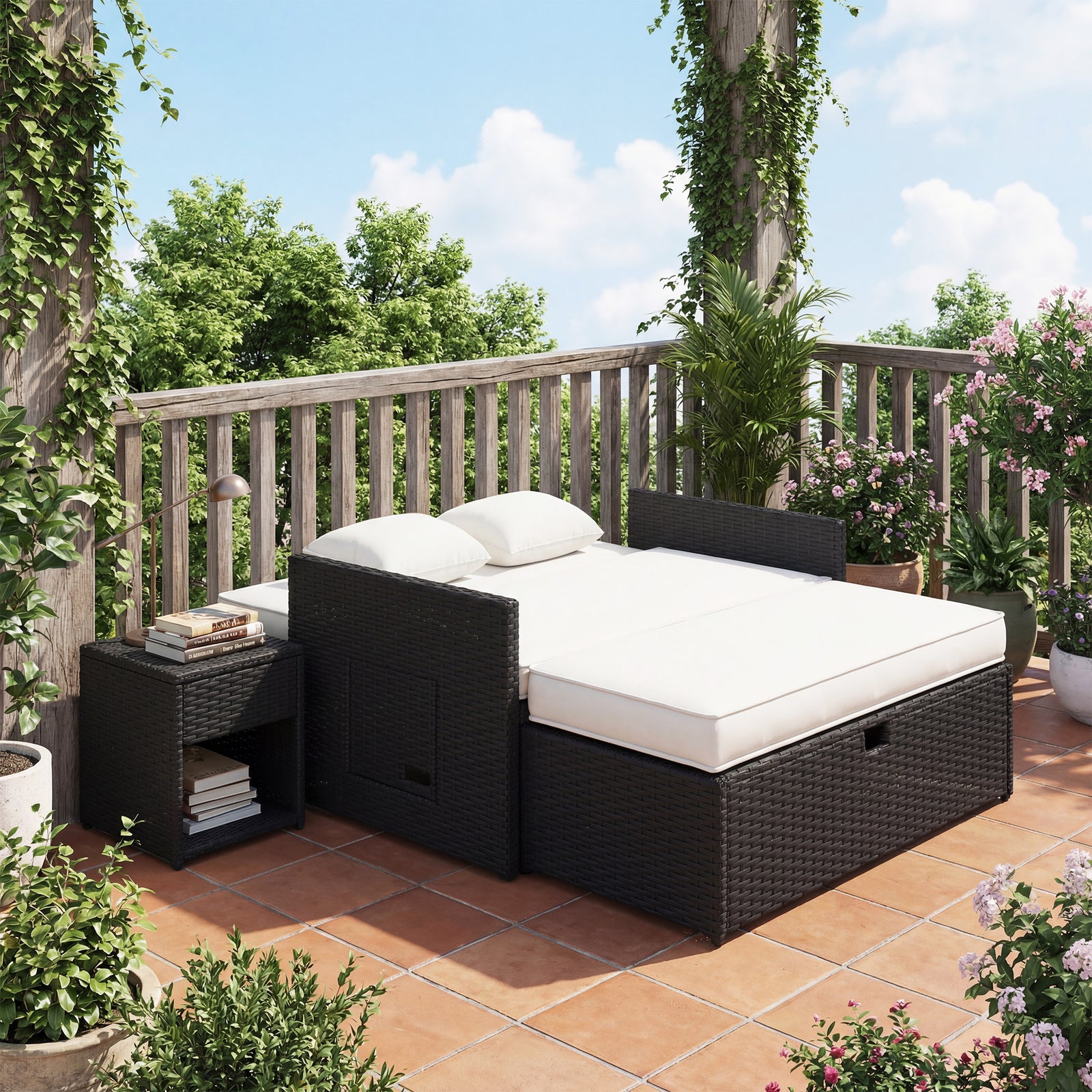 Garden Rattan Furniture Set 2 Seater Patio Sun Lounger Daybed | Cream