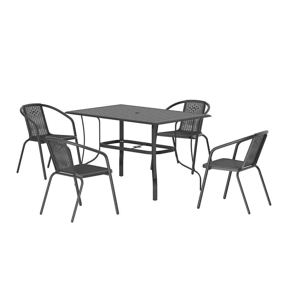 5 Pcs Garden Dining Set Metal Slatted Coffee Table With Rattan Chairs | Medium | Black